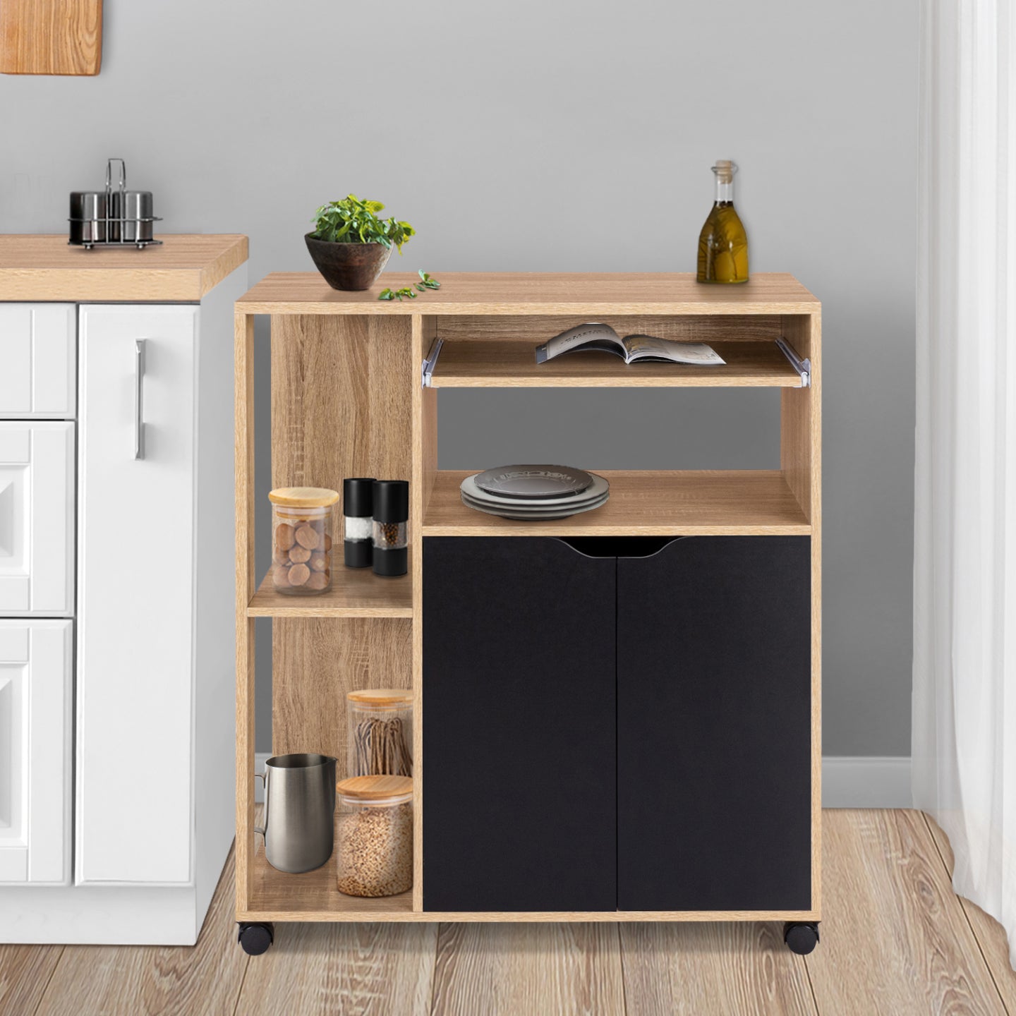 IDMarket - Carrello da cucina legno di faggio e ante nere L.76 cm COSI