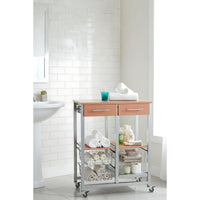 Carrello da cucina OSLO con cassetti, cestelli e portabottiglie – Struttura in metallo colore alluminio e piano effetto noce