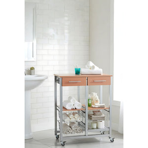 Carrello da cucina OSLO con cassetti, cestelli e portabottiglie – Struttura in metallo colore alluminio e piano effetto noce