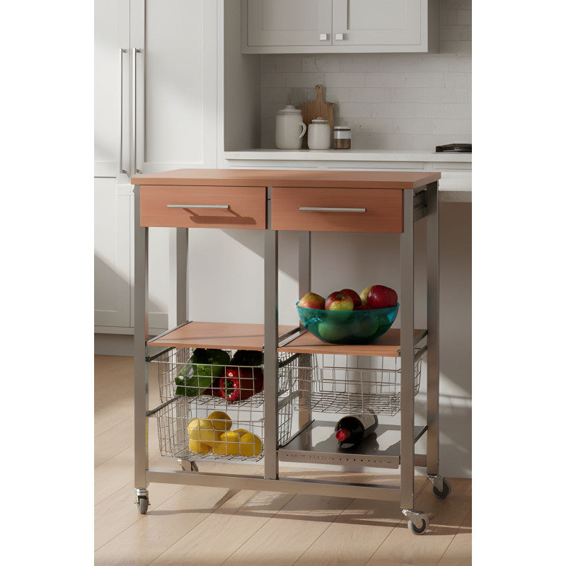 Carrello da cucina OSLO con cassetti, cestelli e portabottiglie – Struttura in metallo colore alluminio e piano effetto noce