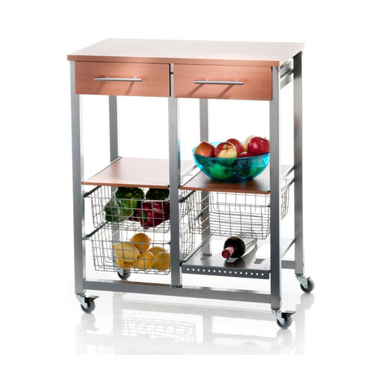 Carrello da cucina OSLO con cassetti, cestelli e portabottiglie – Struttura in metallo colore alluminio e piano effetto noce