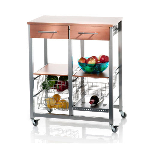 Carrello da cucina OSLO con cassetti, cestelli e portabottiglie – Struttura in metallo colore alluminio e piano effetto noce