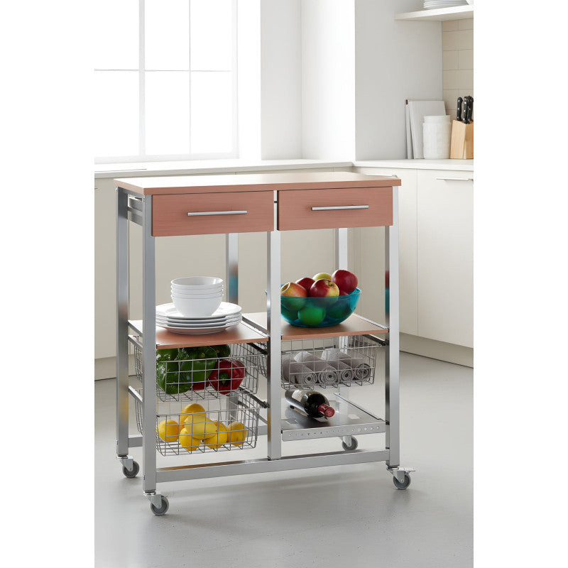 Carrello da cucina OSLO con cassetti, cestelli e portabottiglie – Struttura in metallo colore alluminio e piano effetto noce