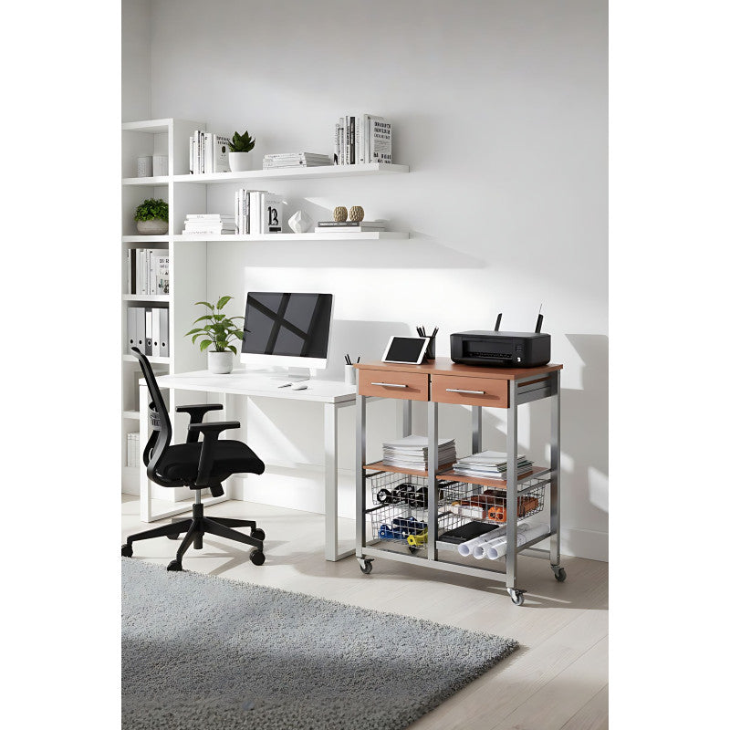 Carrello da cucina OSLO con cassetti, cestelli e portabottiglie – Struttura in metallo colore alluminio e piano effetto noce