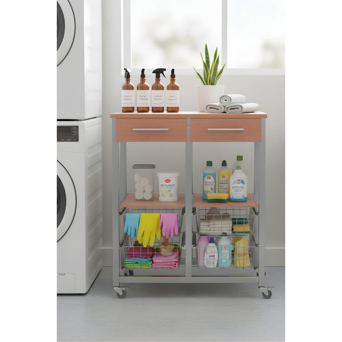 Carrello da cucina OSLO con cassetti, cestelli e portabottiglie – Struttura in metallo colore alluminio e piano effetto noce