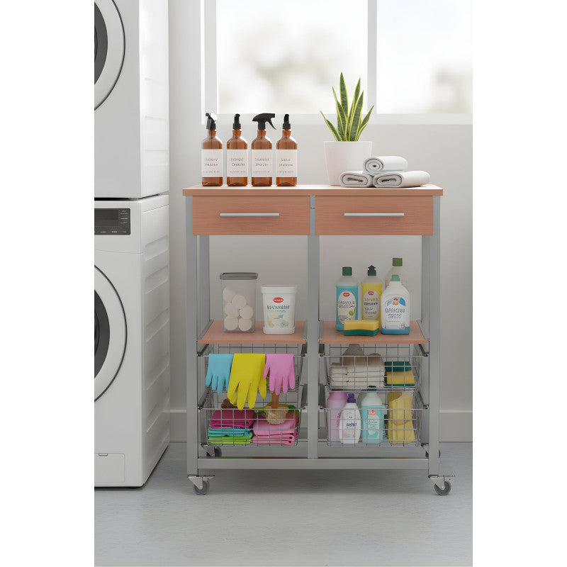 Carrello da cucina OSLO con cassetti, cestelli e portabottiglie – Struttura in metallo colore alluminio e piano effetto noce