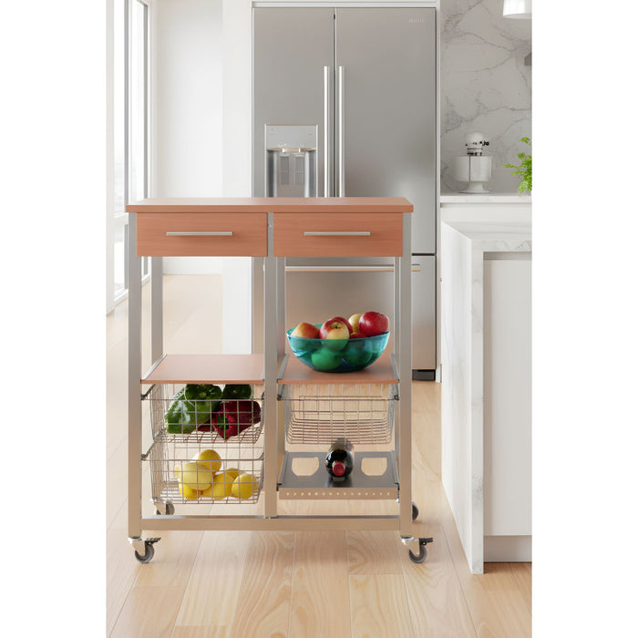 Carrello da cucina OSLO con cassetti, cestelli e portabottiglie – Struttura in metallo colore alluminio e piano effetto noce