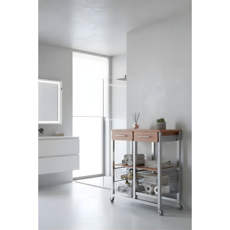 Carrello da cucina OSLO con cassetti, cestelli e portabottiglie – Struttura in metallo colore alluminio e piano effetto noce