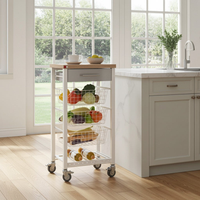 Carrello da cucina su ruote con piano color olmo, ONDA