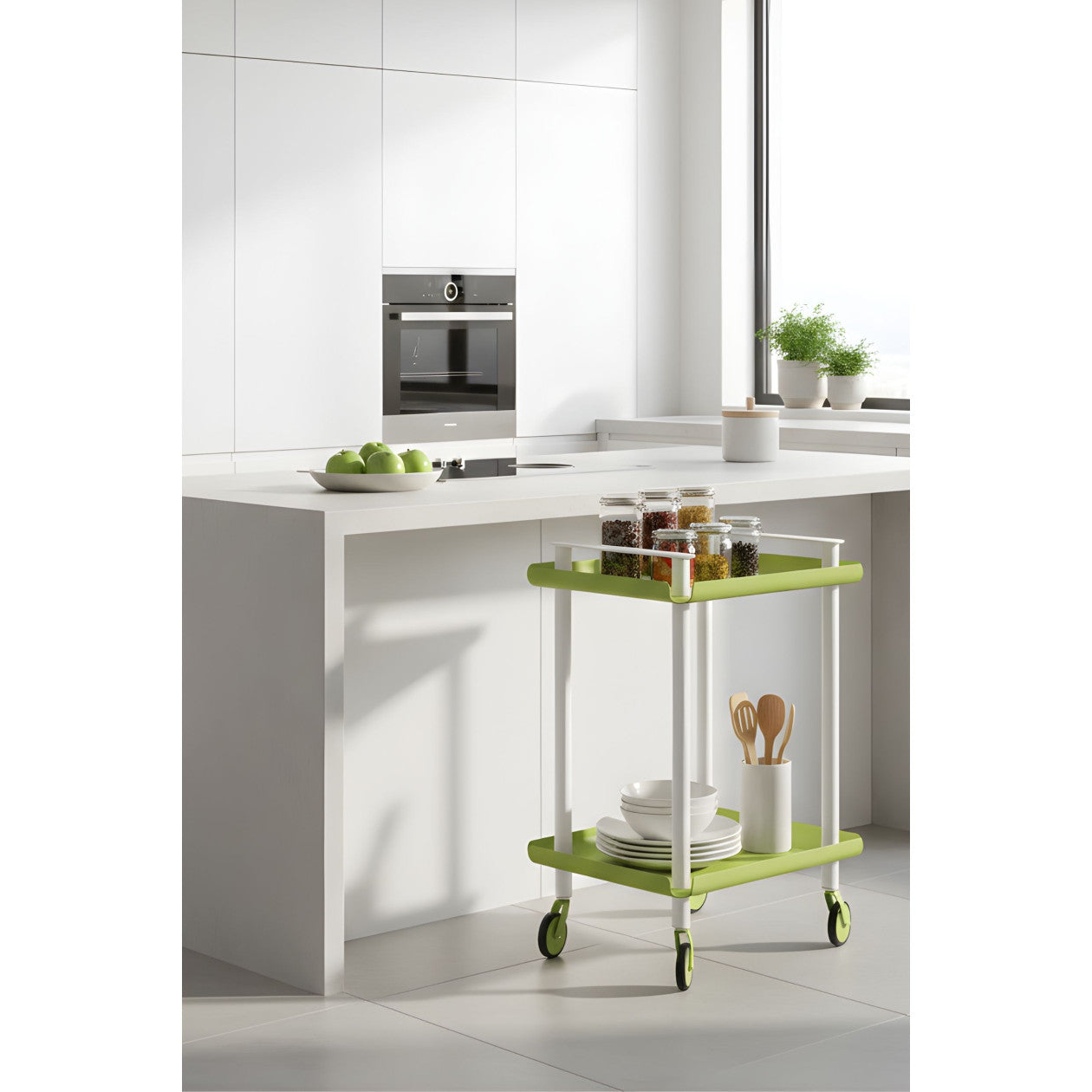 Carrello da Cucina/Portaoggetti  in metallo con 2 ripiani, struttura bianca, LEKY