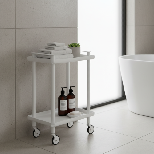 Carrello da Cucina/Portaoggetti  in metallo con 2 ripiani, struttura bianca, LEKY
