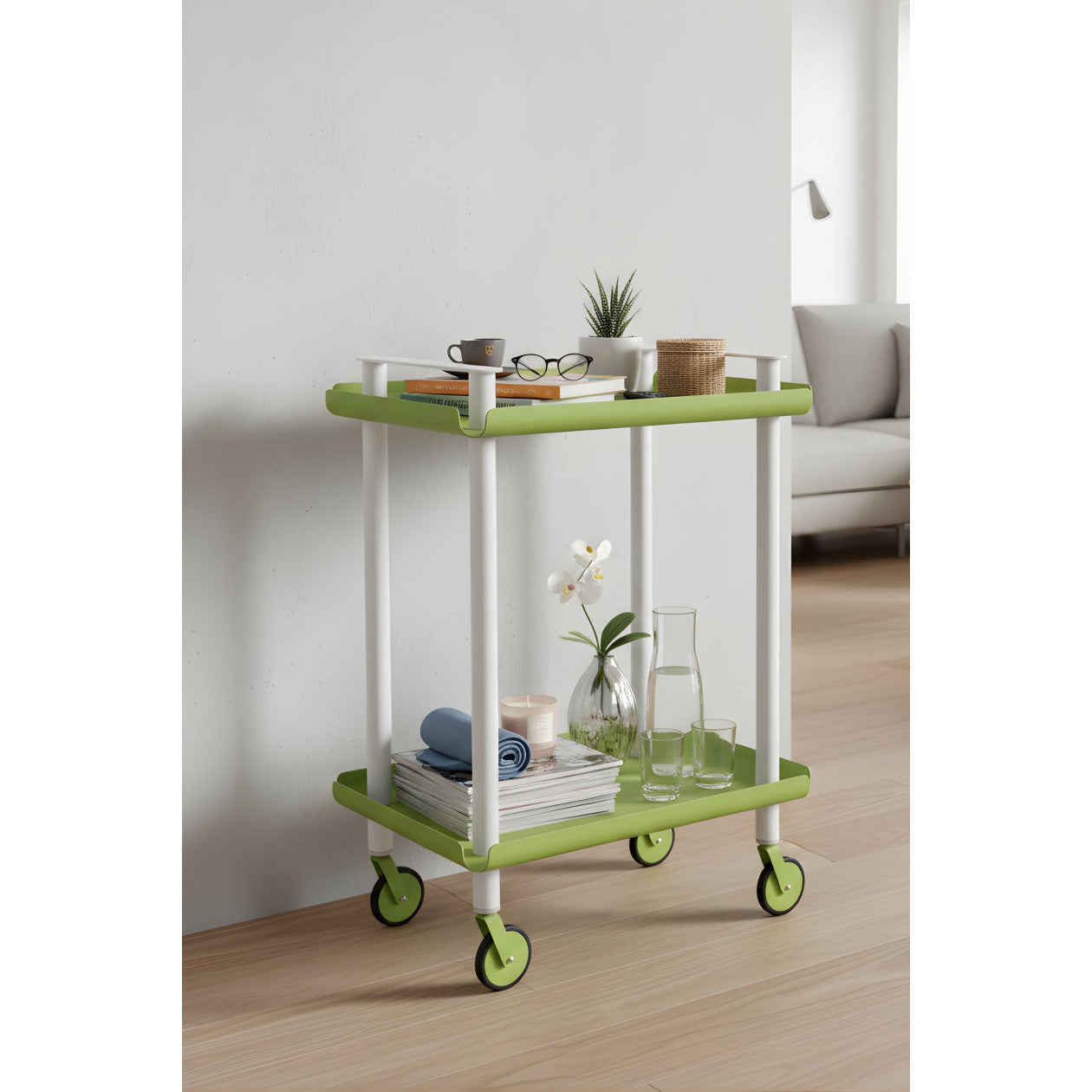 Carrello da Cucina/Portaoggetti  in metallo con 2 ripiani, struttura bianca, LEKY