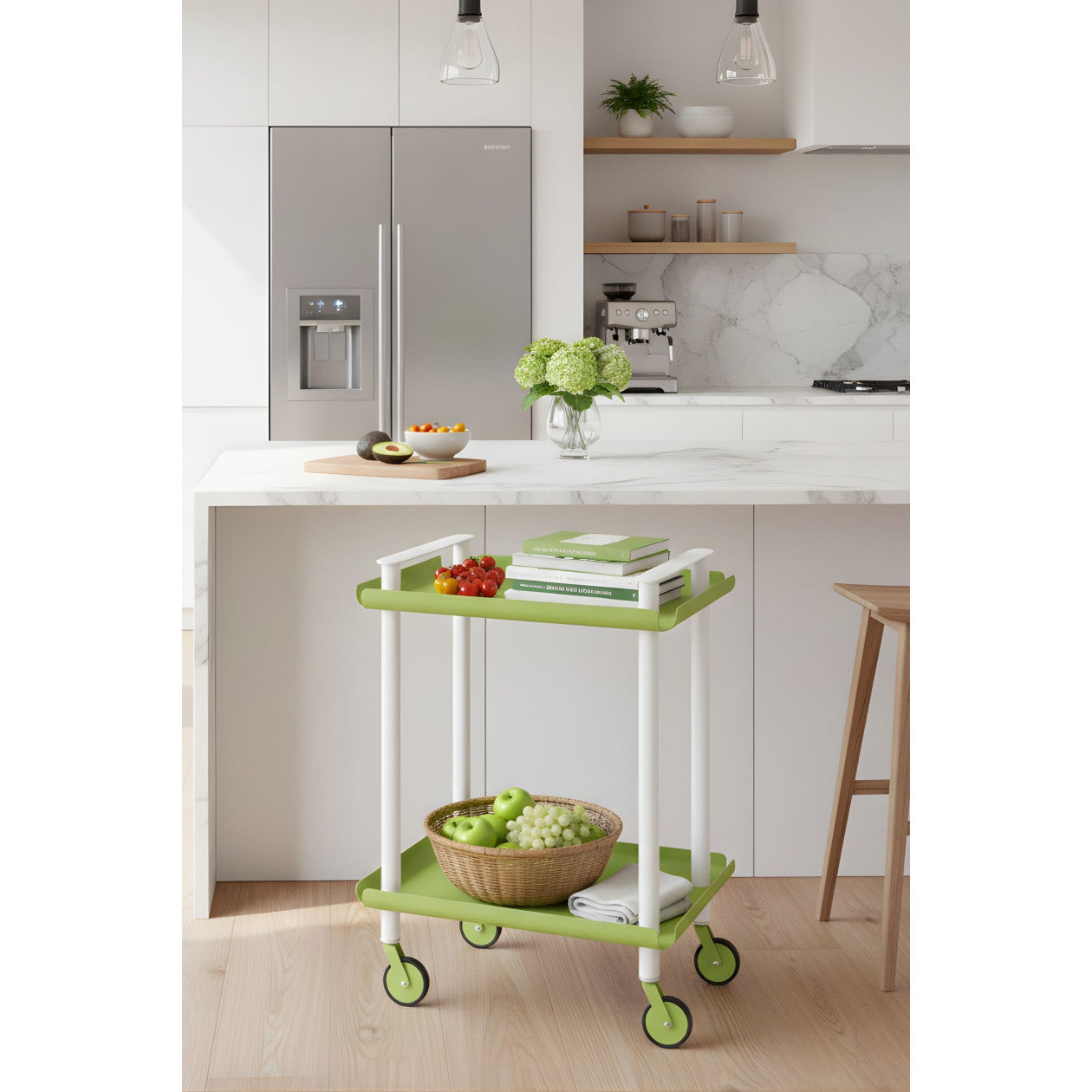 Carrello da Cucina/Portaoggetti  in metallo con 2 ripiani, struttura bianca, LEKY