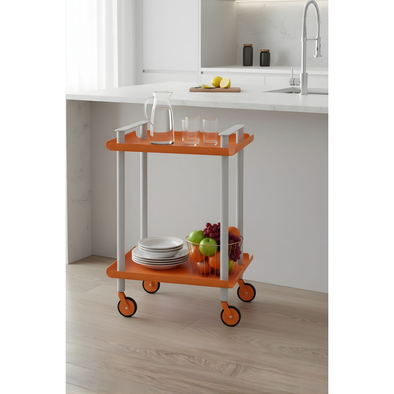 Carrello da Cucina/Portaoggetti  in metallo con 2 ripiani, struttura grigia, LEKY