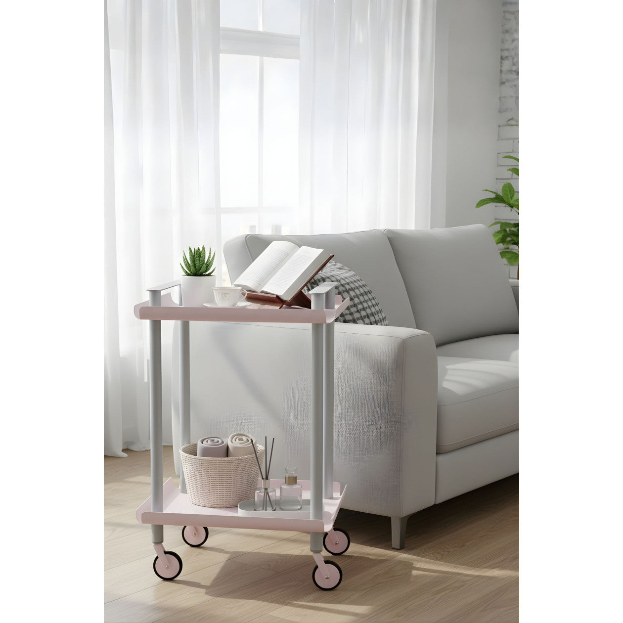 Carrello da Cucina/Portaoggetti  in metallo con 2 ripiani, struttura grigia, LEKY
