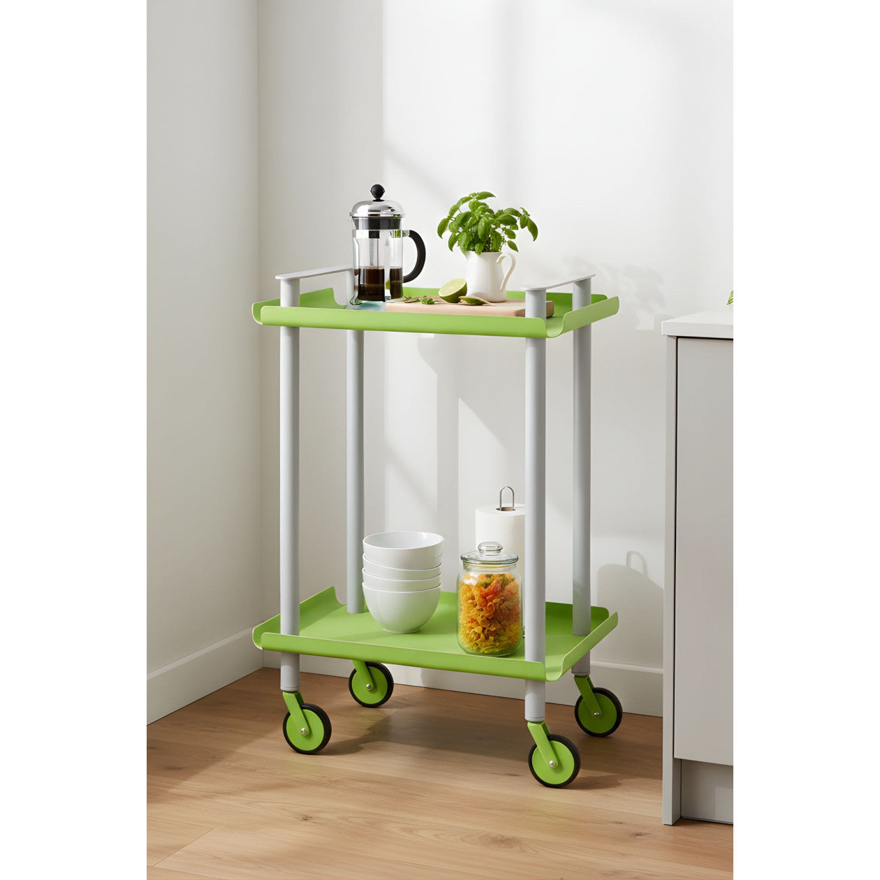 Carrello da Cucina/Portaoggetti  in metallo con 2 ripiani, struttura grigia, LEKY