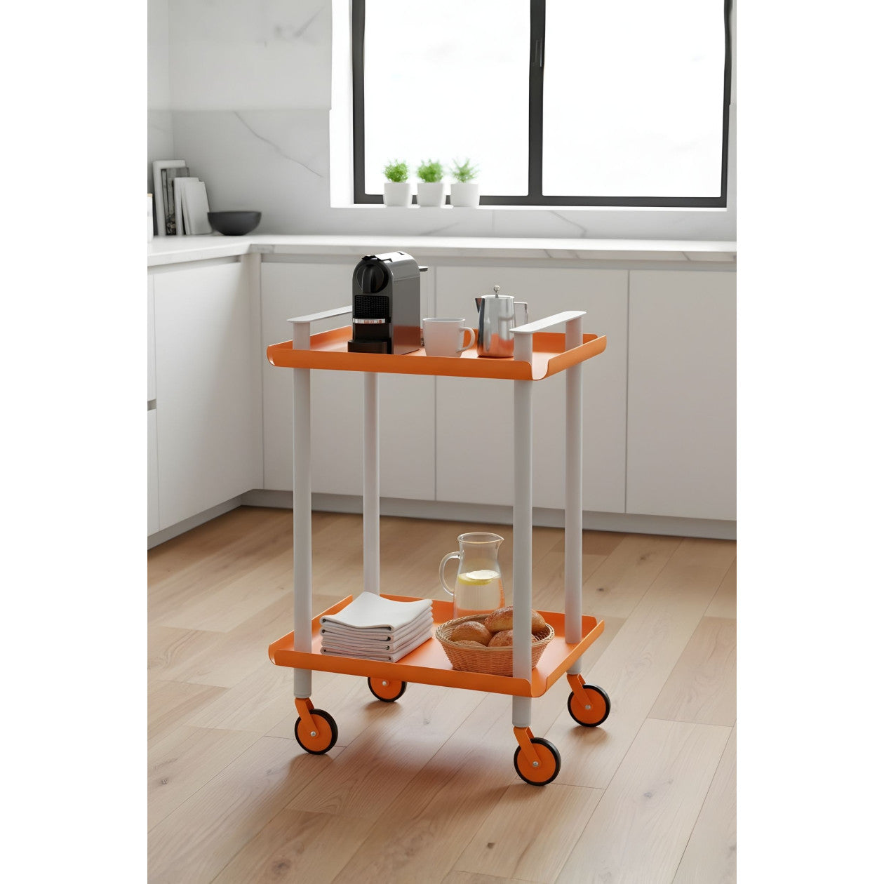 Carrello da Cucina/Portaoggetti  in metallo con 2 ripiani, struttura grigia, LEKY