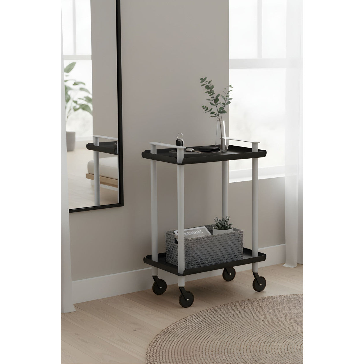 Carrello da Cucina/Portaoggetti  in metallo con 2 ripiani, struttura grigia, LEKY