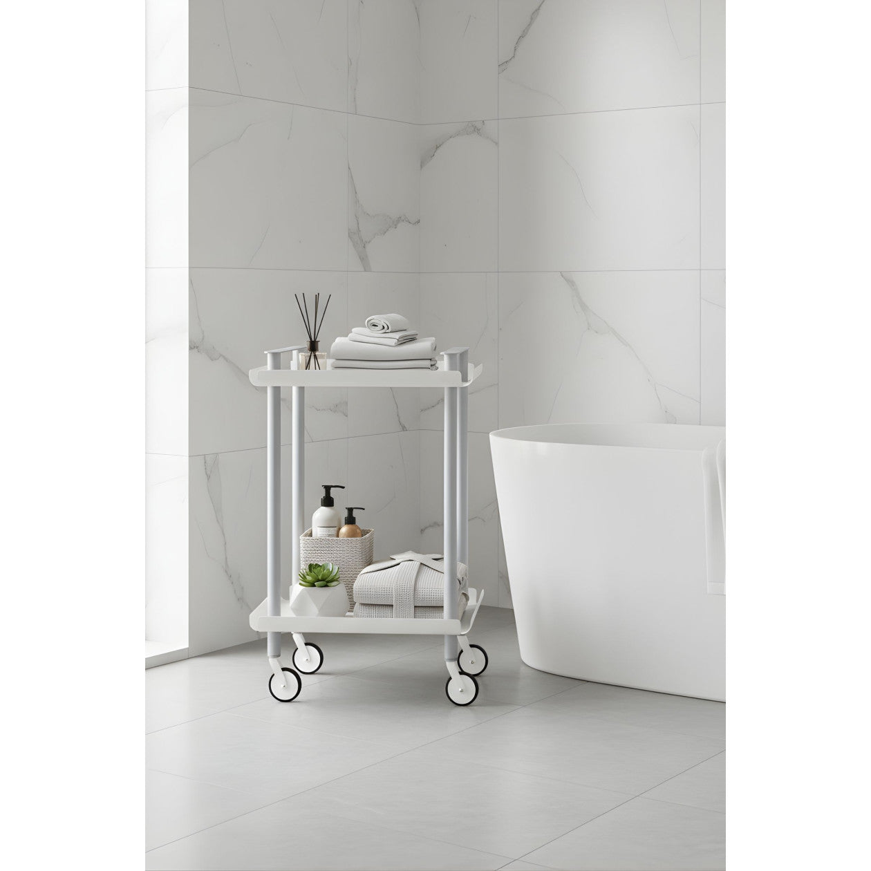 Carrello da Cucina/Portaoggetti  in metallo con 2 ripiani, struttura grigia, LEKY