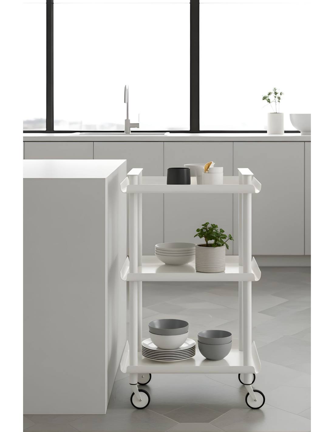Carrello da Cucina/Portaoggetti  in metallo con 3 ripiani, struttura bianca, LEKY