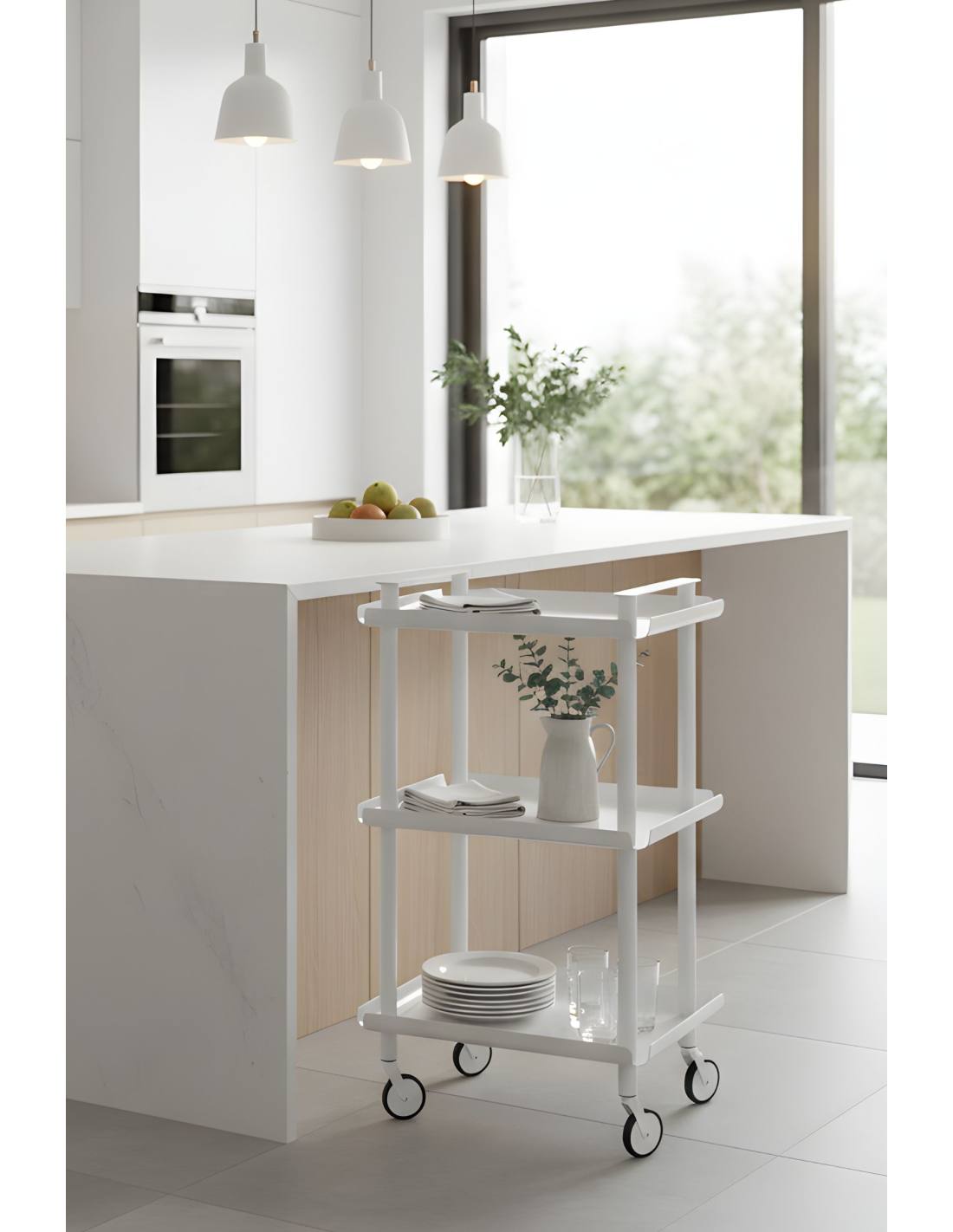 Carrello da Cucina/Portaoggetti  in metallo con 3 ripiani, struttura bianca, LEKY