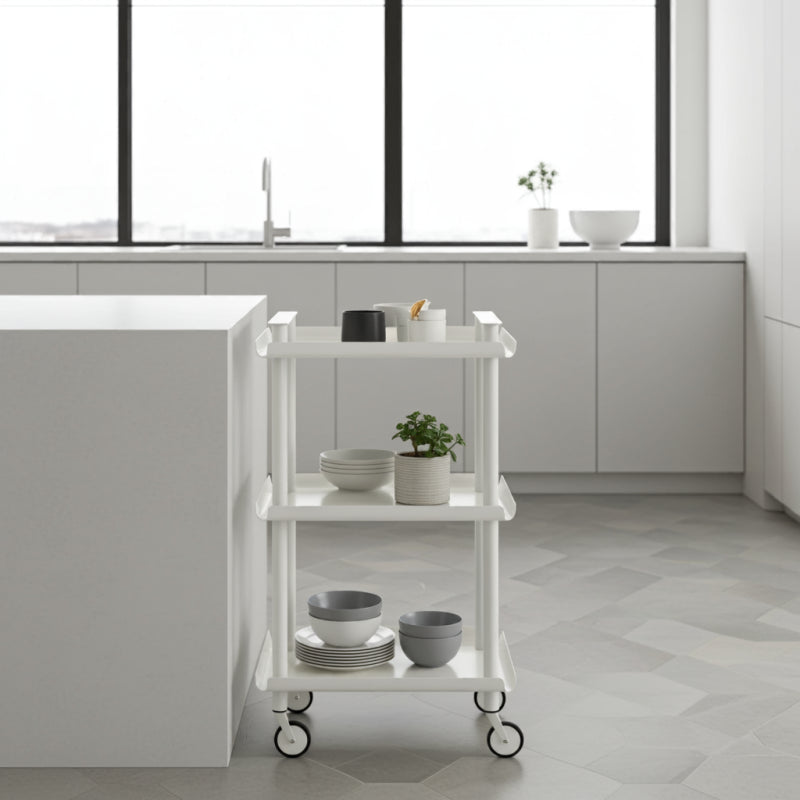 Carrello da Cucina/Portaoggetti  in metallo con 3 ripiani, struttura bianca, LEKY