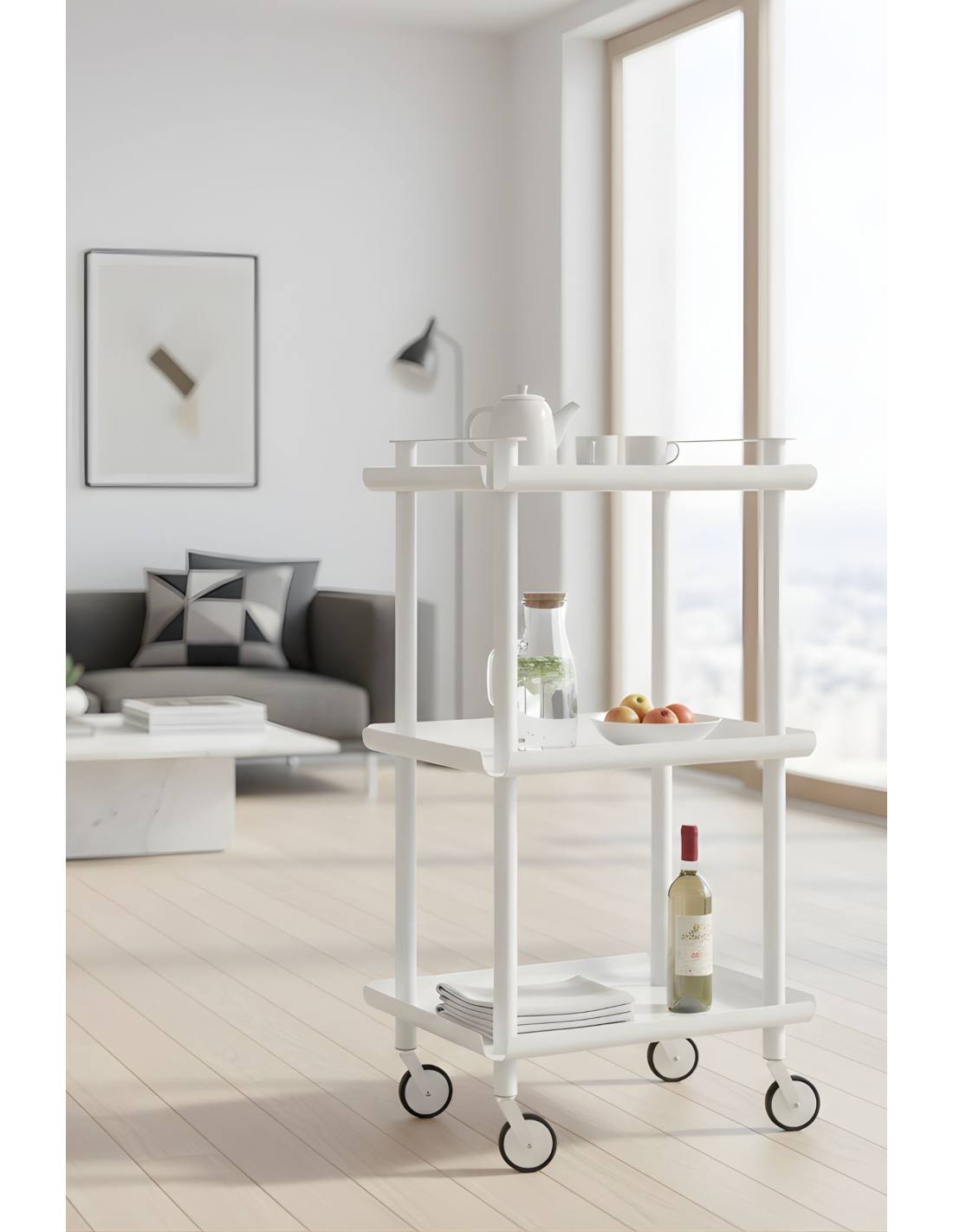 Carrello da Cucina/Portaoggetti  in metallo con 3 ripiani, struttura bianca, LEKY