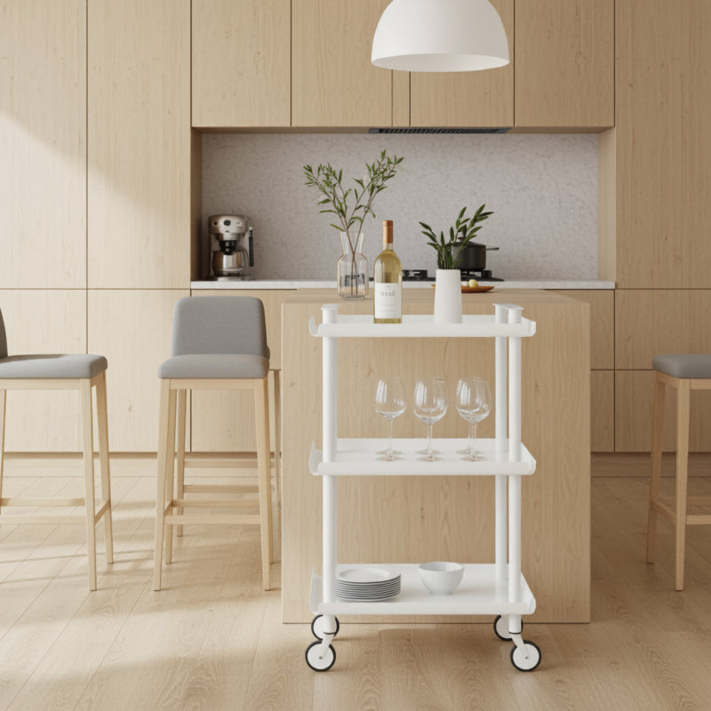 Carrello da Cucina/Portaoggetti  in metallo con 3 ripiani, struttura bianca, LEKY