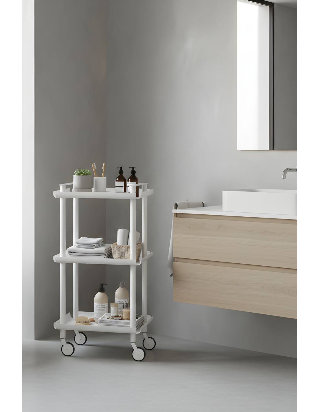 Carrello da Cucina/Portaoggetti  in metallo con 3 ripiani, struttura bianca, LEKY