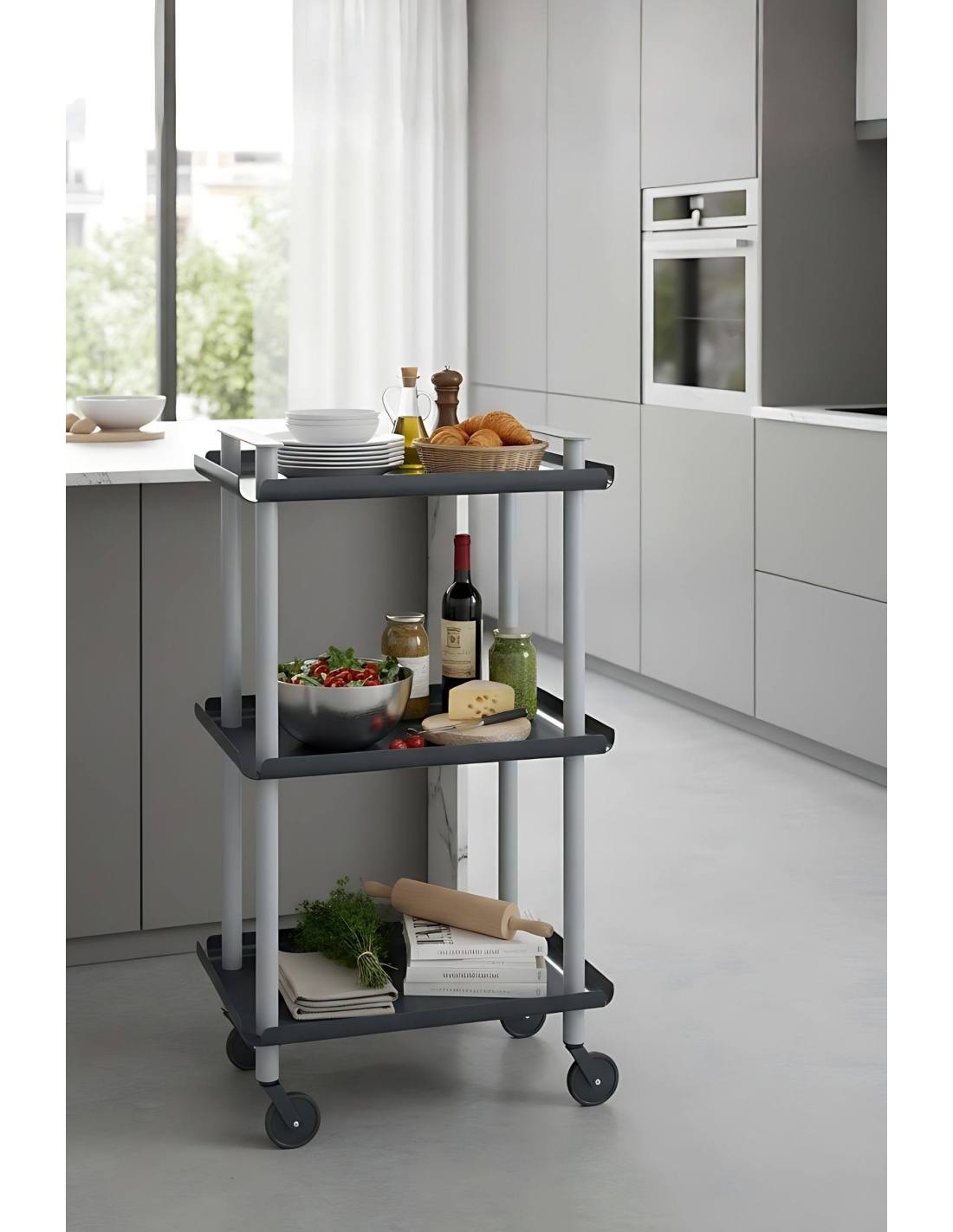 Carrello da Cucina/Portaoggetti  in metallo con 3 ripiani, struttura grigia, LEKY