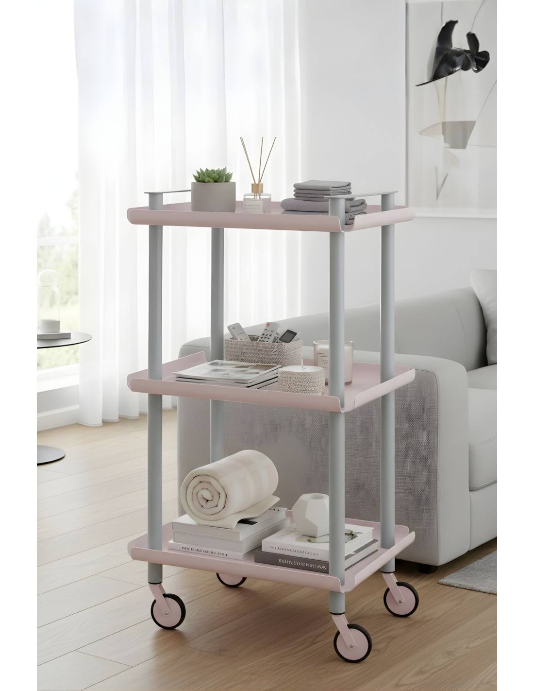 Carrello da Cucina/Portaoggetti  in metallo con 3 ripiani, struttura grigia, LEKY