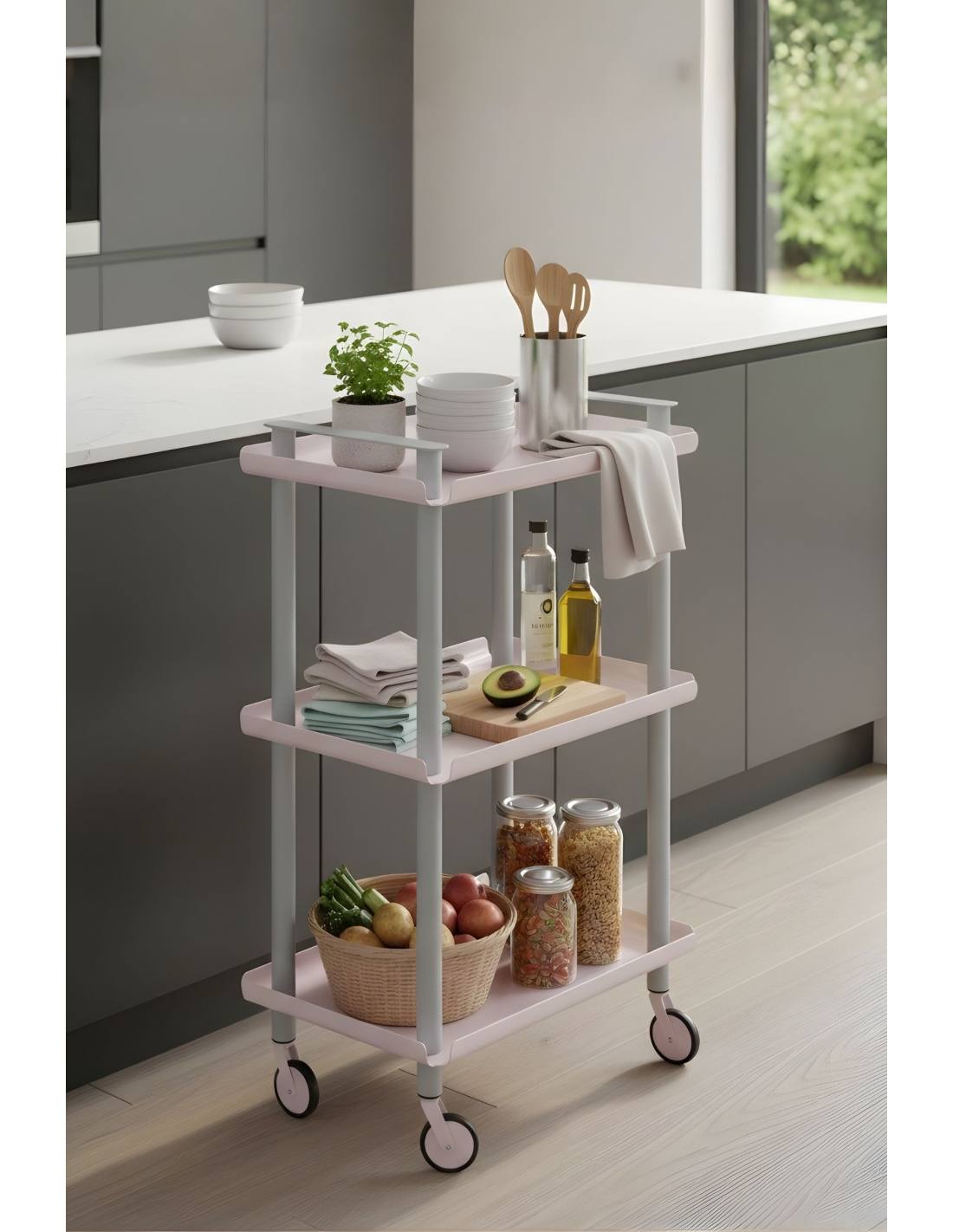 Carrello da Cucina/Portaoggetti  in metallo con 3 ripiani, struttura grigia, LEKY