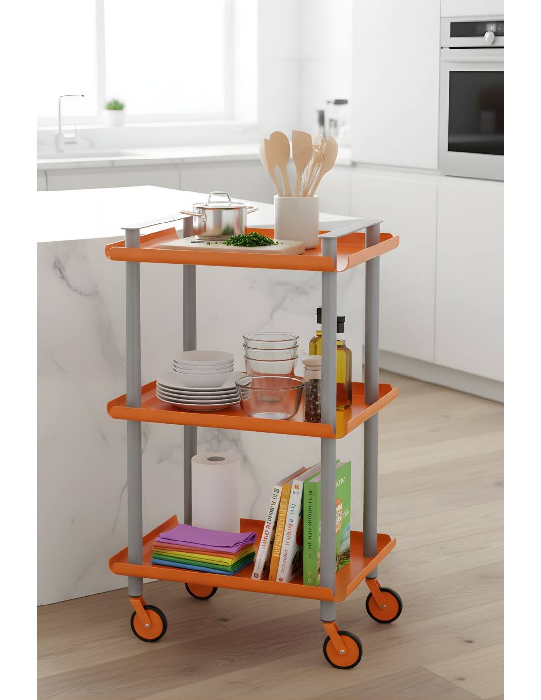 Carrello da Cucina/Portaoggetti  in metallo con 3 ripiani, struttura grigia, LEKY