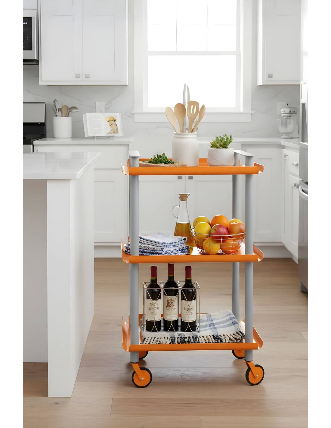 Carrello da Cucina/Portaoggetti  in metallo con 3 ripiani, struttura grigia, LEKY
