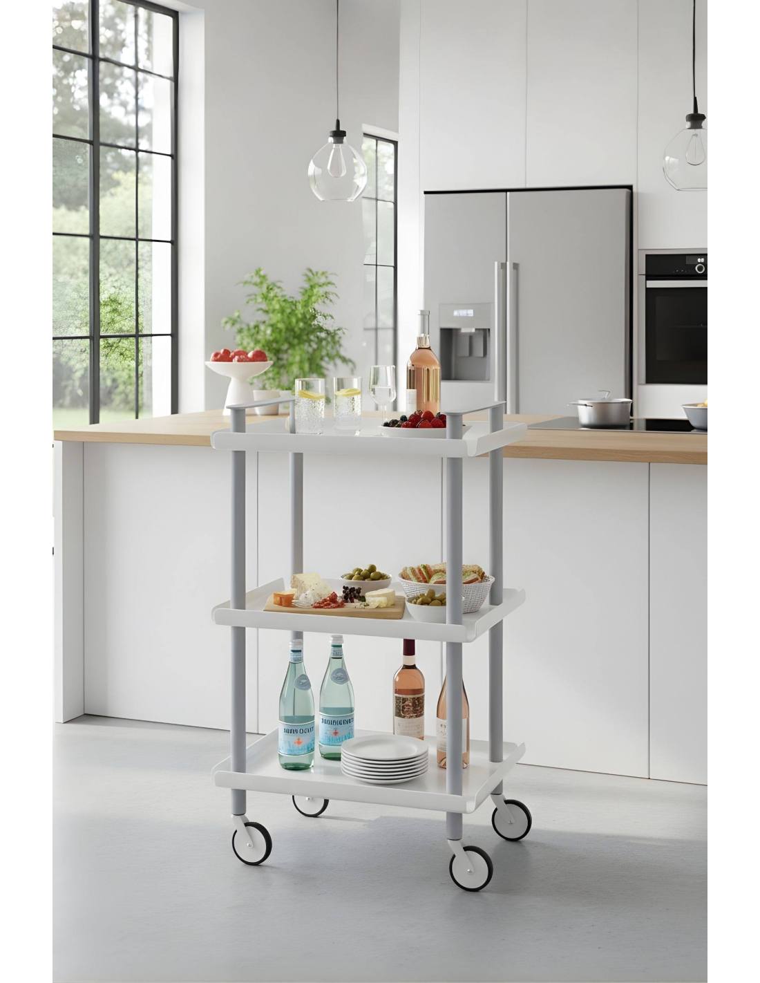 Carrello da Cucina/Portaoggetti  in metallo con 3 ripiani, struttura grigia, LEKY