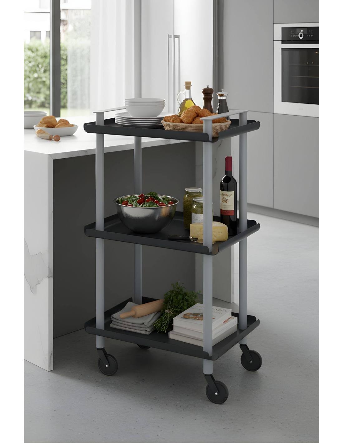 Carrello da Cucina/Portaoggetti  in metallo con 3 ripiani, struttura grigia, LEKY