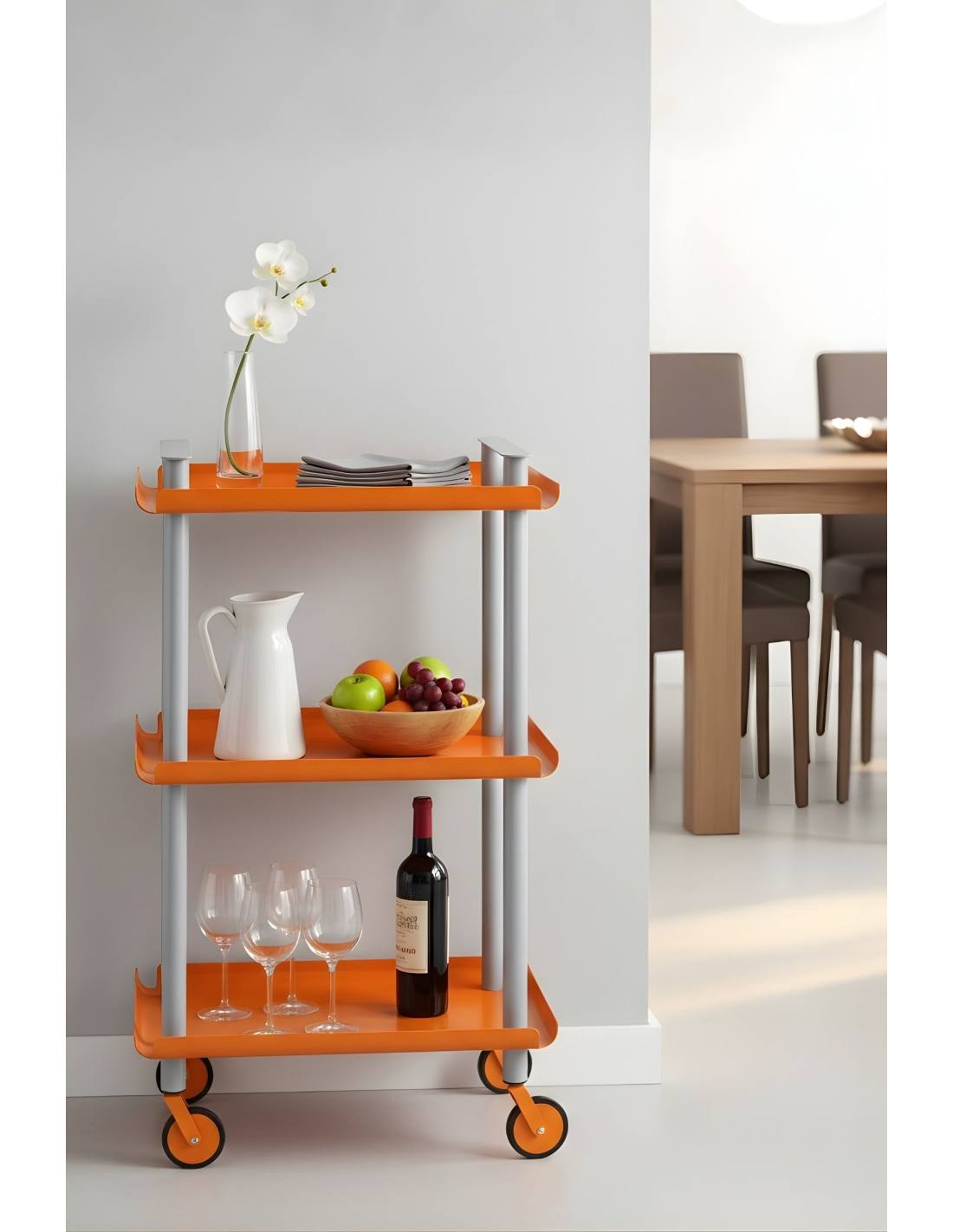 Carrello da Cucina/Portaoggetti  in metallo con 3 ripiani, struttura grigia, LEKY