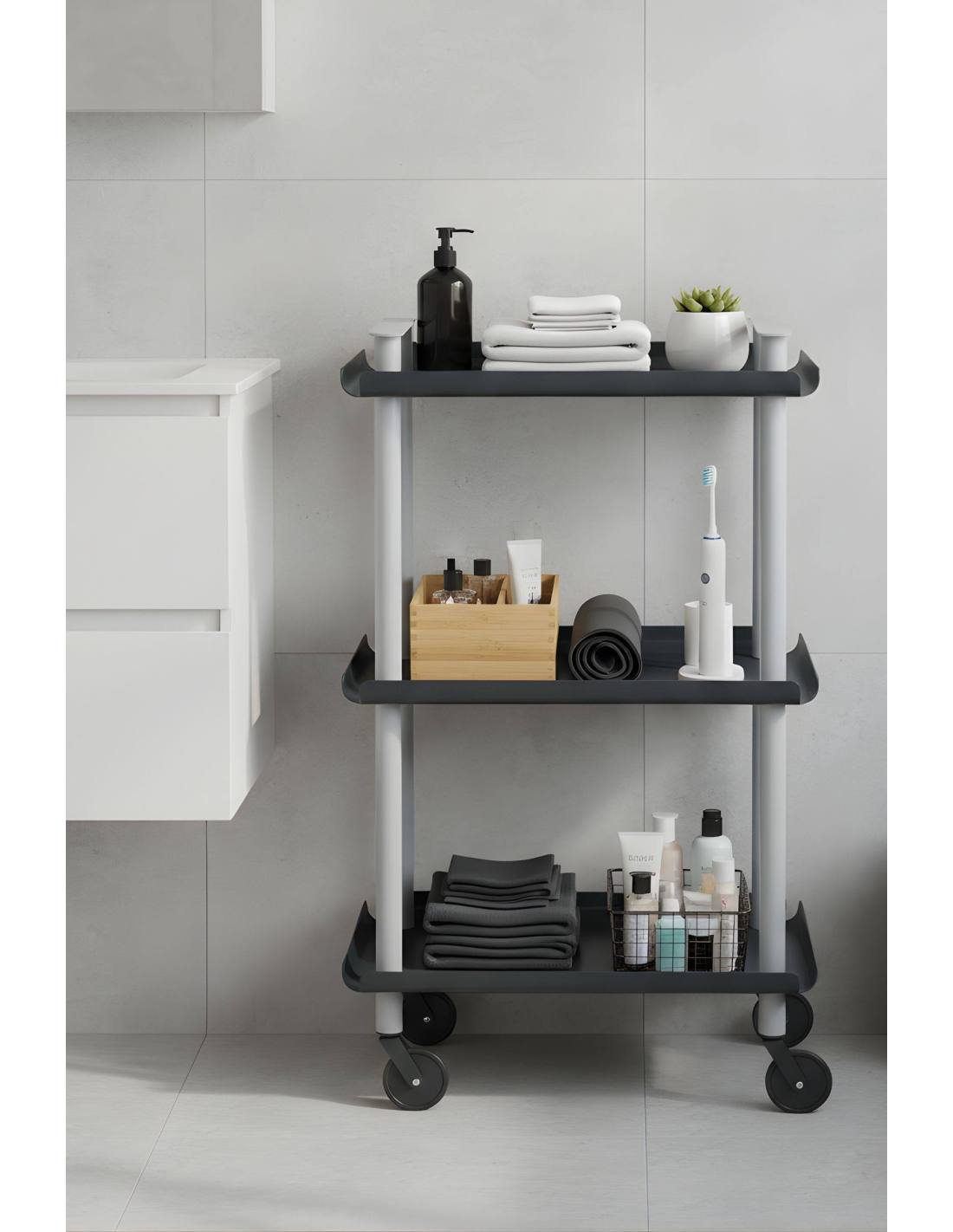 Carrello da Cucina/Portaoggetti  in metallo con 3 ripiani, struttura grigia, LEKY