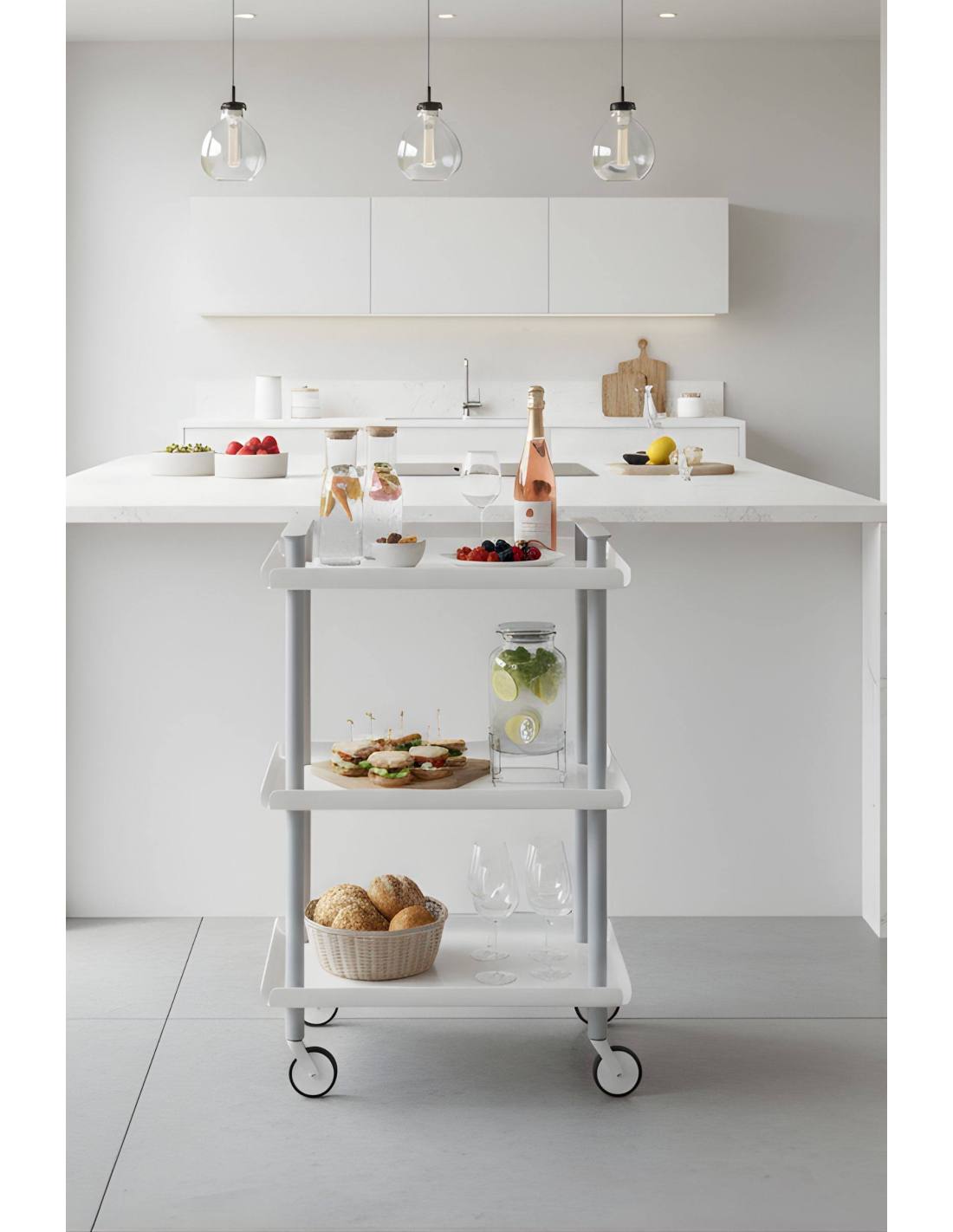 Carrello da Cucina/Portaoggetti  in metallo con 3 ripiani, struttura grigia, LEKY