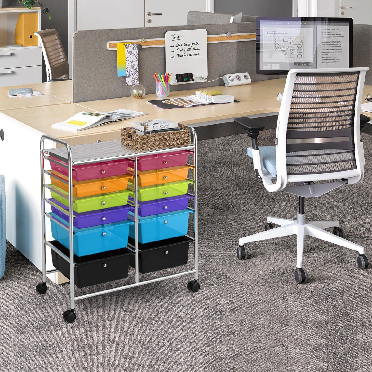 Carrello con 12 cassetti in plastica da ufficio e domestico, Carrello multiuso 64x38x75cm Colorato 1-Armadi da ufficio