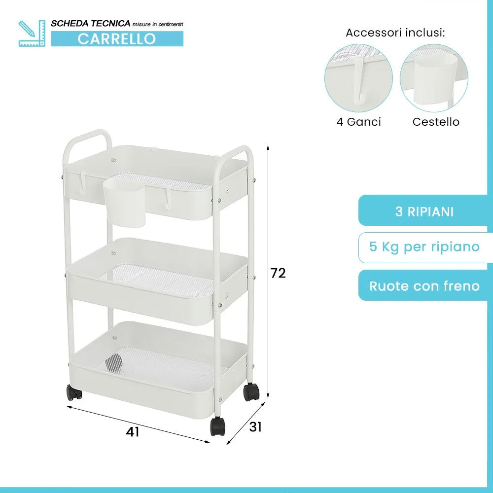 Carrello multiuso in metallo bianco con portata 5 kg per ripiano