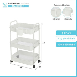 Carrello multiuso in metallo bianco con portata 5 kg per ripiano