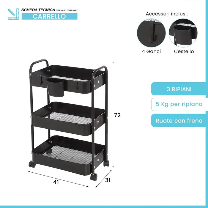 Carrello multiuso in metallo nero con portata 5 kg per ripiano