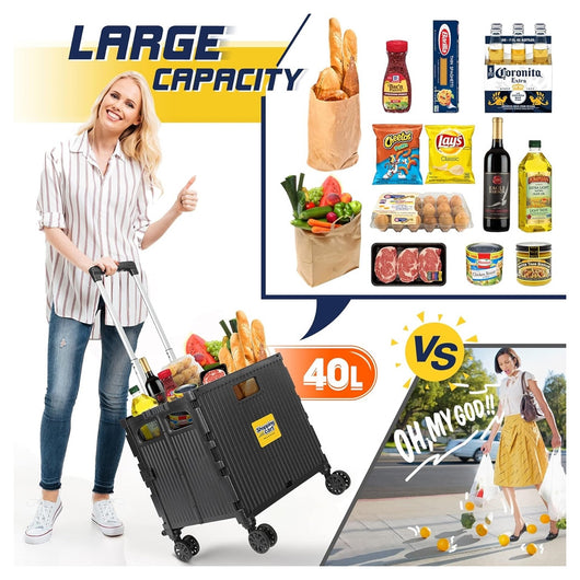 Trade Shop - Carrello Per La Spesa Multiuso Nero Pieghevole ‎grande Capacità Ruote Girevoli Con Freno -