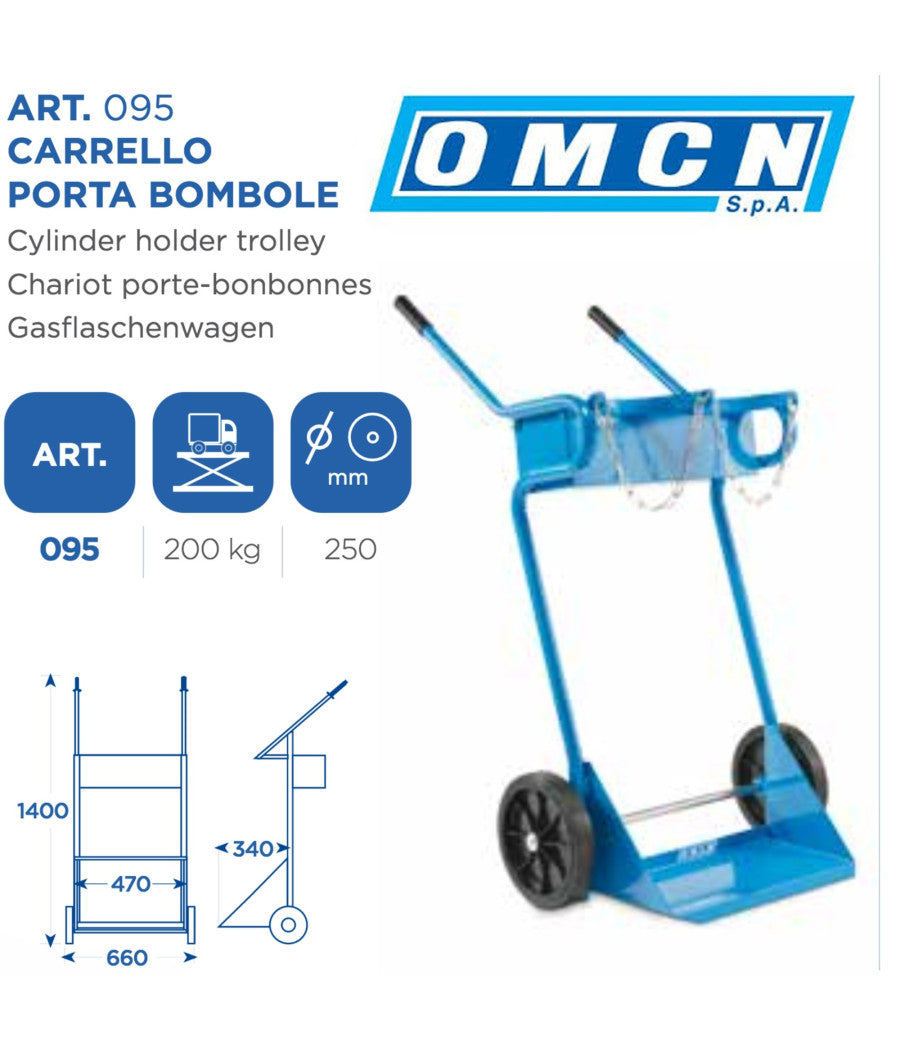 Carrello Porta Bombole Omcn 095 Portata 200 Kg Con Ruote Da 250 Mm Altezza 140cm         