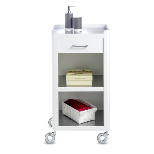 Carrello Portaoggetti a 3 Ripiani e 1 cassetto, carrello salvaspazio, bianco - acciaio inossidabile, THELMA
