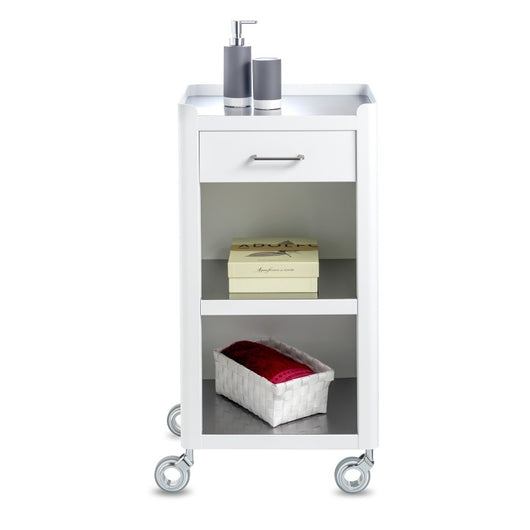 Carrello Portaoggetti a 3 Ripiani e 1 cassetto, carrello salvaspazio, bianco - acciaio inossidabile, THELMA
