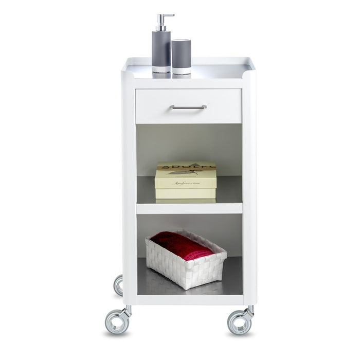 Carrello Portaoggetti a 3 Ripiani e 1 cassetto, carrello salvaspazio, bianco - acciaio inossidabile, THELMA