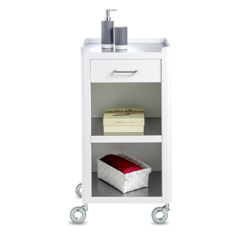 Carrello Portaoggetti a 3 Ripiani e 1 cassetto, carrello salvaspazio, bianco - acciaio inossidabile, THELMA