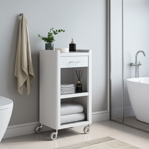 Carrello Portaoggetti a 3 Ripiani e 1 cassetto, carrello salvaspazio, bianco - acciaio inossidabile, THELMA